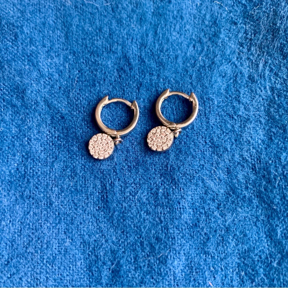 Huggie hoop earrings small circle CZ pave dangle - Picture 3 of 3